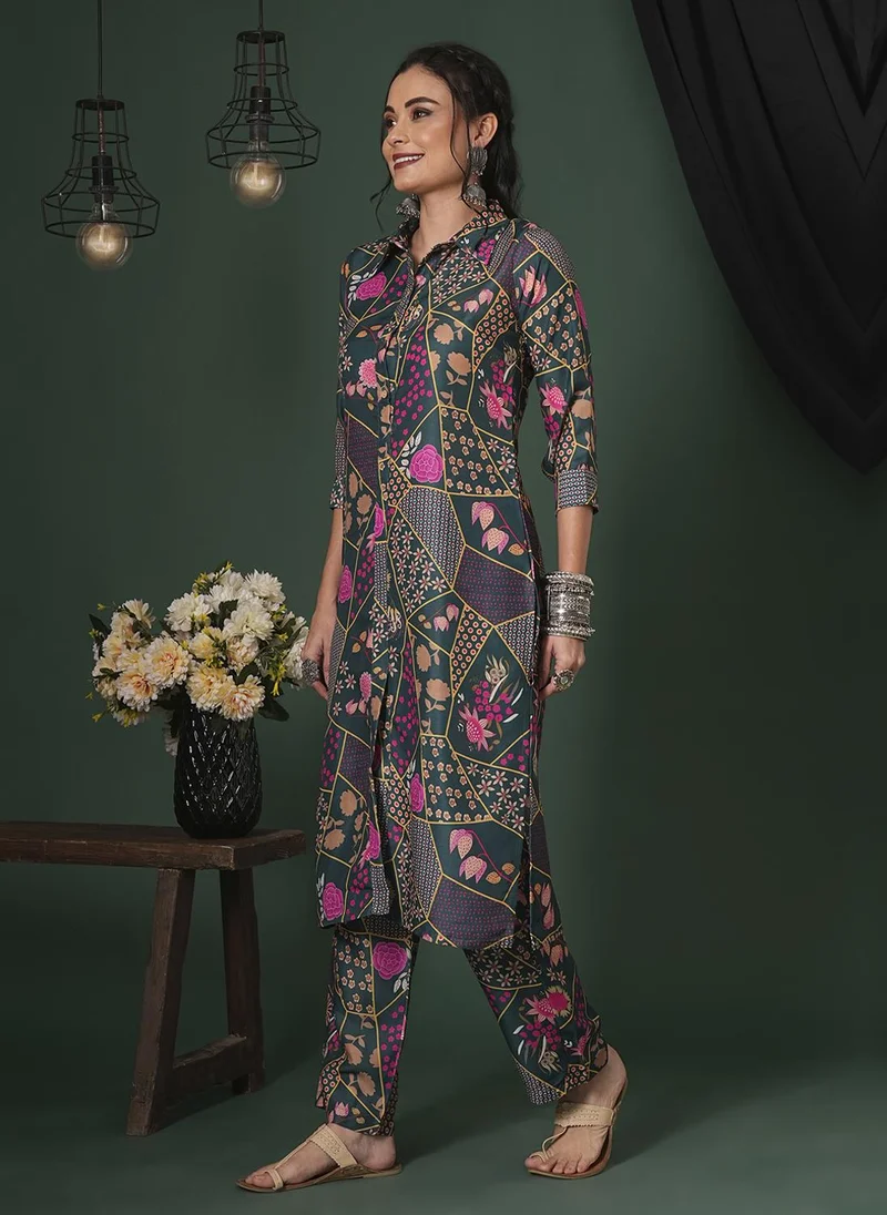 globus Globus Women Floral Printed Shirt Collar Straight Kurta & Trousers