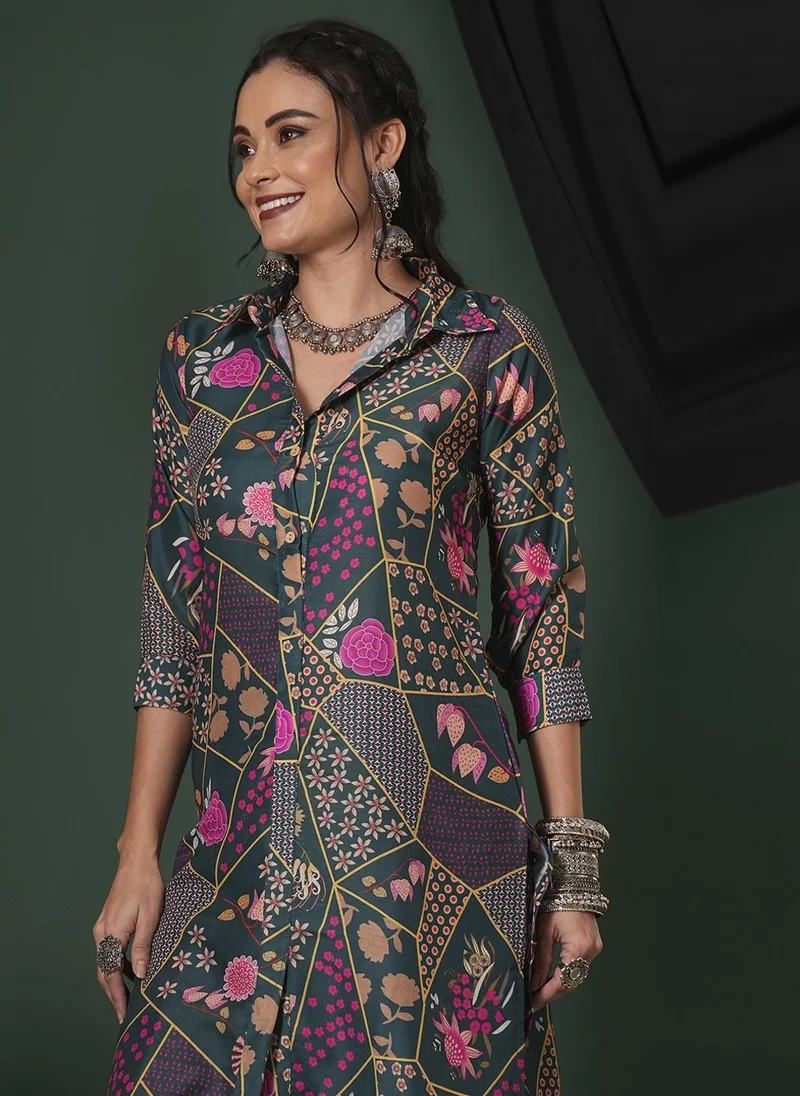 globus Globus Women Floral Printed Shirt Collar Straight Kurta & Trousers