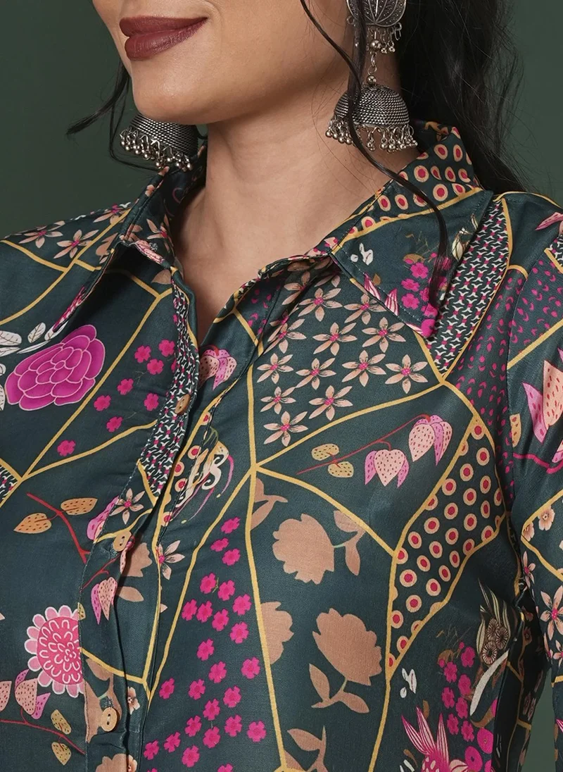 globus Globus Women Floral Printed Shirt Collar Straight Kurta & Trousers