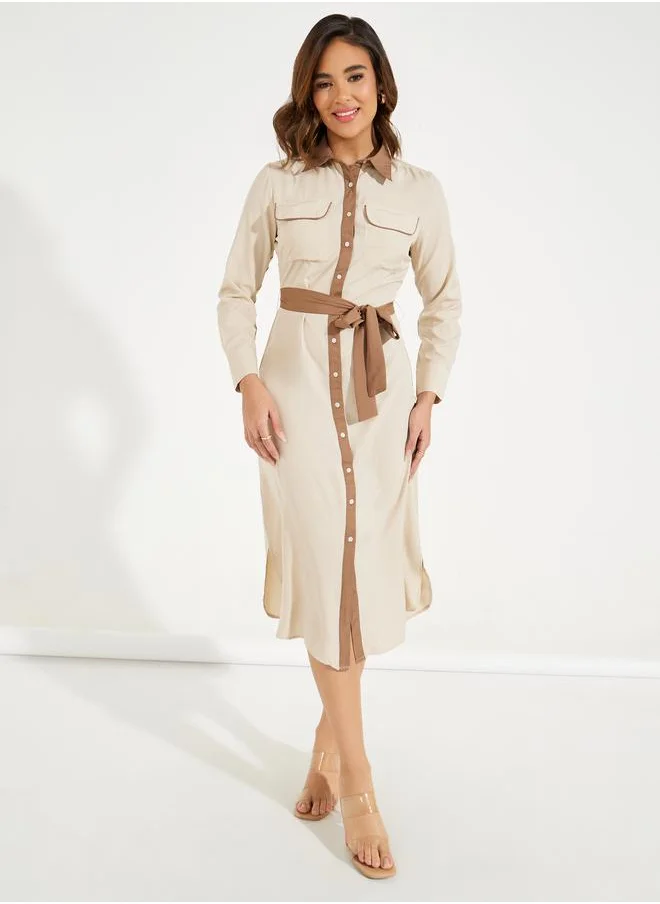 Styli Contrast Trim Buttoned Shirt Midi Dress with Tie Belt