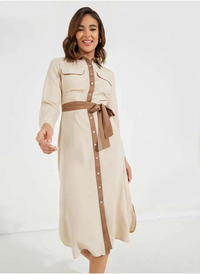 Styli Contrast Trim Buttoned Shirt Midi Dress with Tie Belt