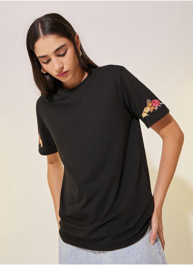 Take Two Round Neck Sleeve Embroidered Detail T-Shirt  - Image 1