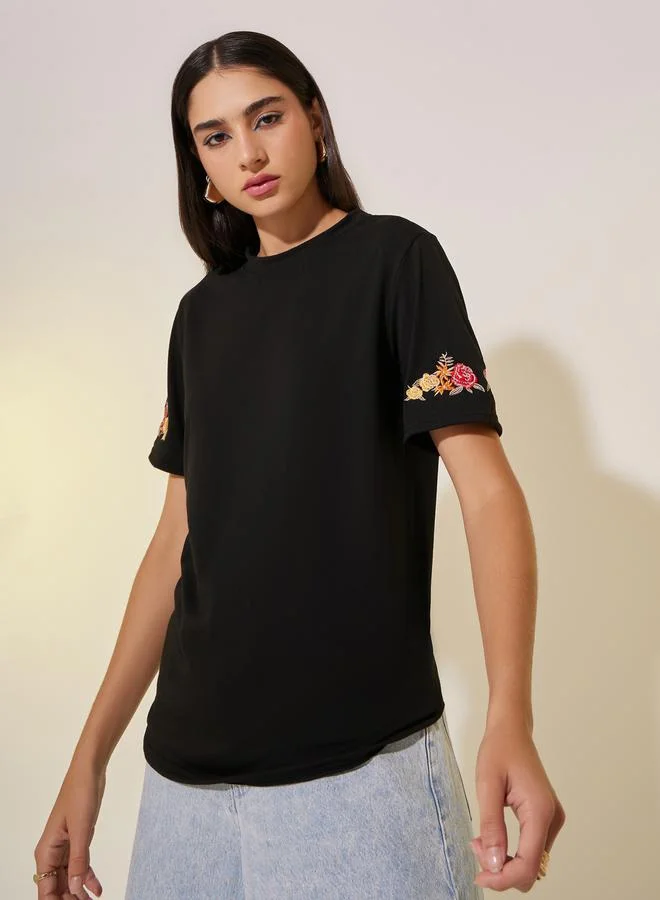 Take Two Round Neck Sleeve Embroidered Detail T-Shirt
