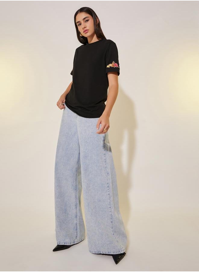 Take Two Round Neck Sleeve Embroidered Detail T-Shirt  - Image 2