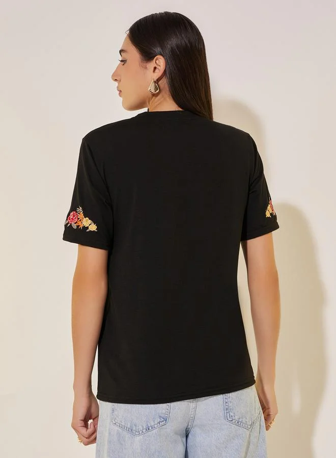 Take Two Round Neck Sleeve Embroidered Detail T-Shirt