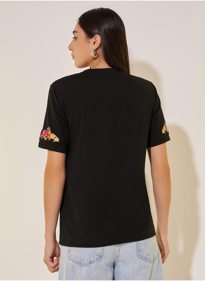 Take Two Round Neck Sleeve Embroidered Detail T-Shirt  - Image 5