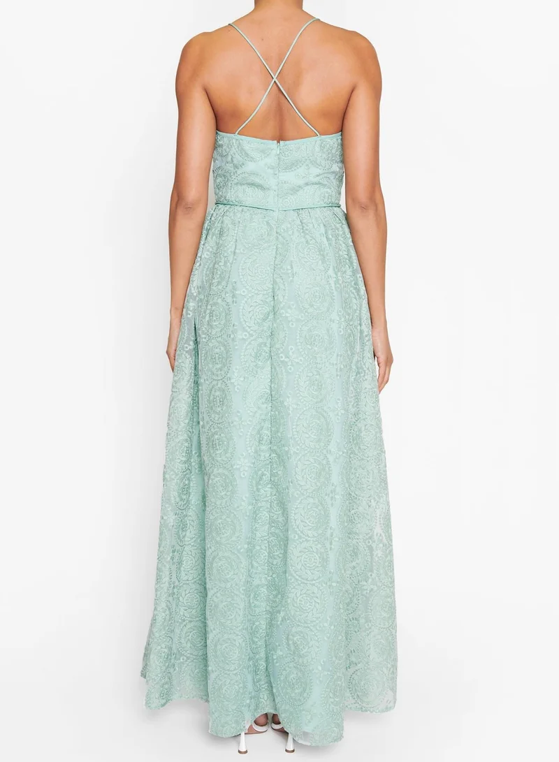 ترو ديكادينس Matilda Dusty-Green Embroidery Plunge-Front Cross-Back Maxi-Dress