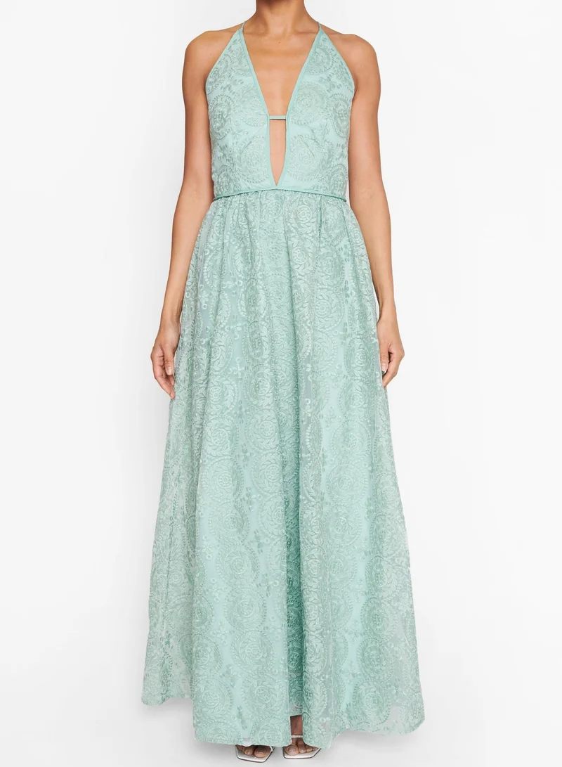 ترو ديكادينس Matilda Dusty-Green Embroidery Plunge-Front Cross-Back Maxi-Dress