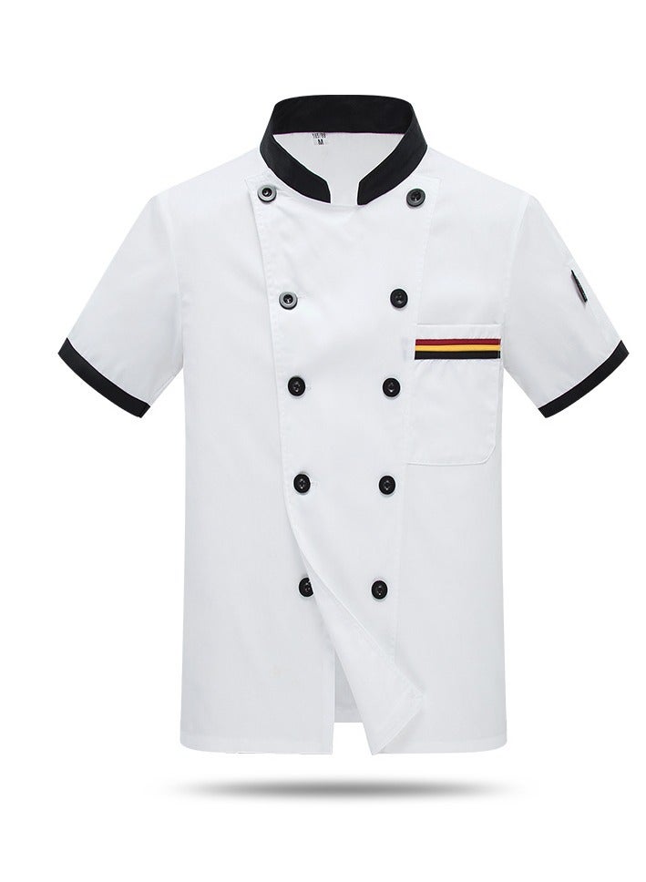 Loquat Chef Uniform Short Sleeve Double-Breasted Stand Collar Waiter T-shirt White and Black