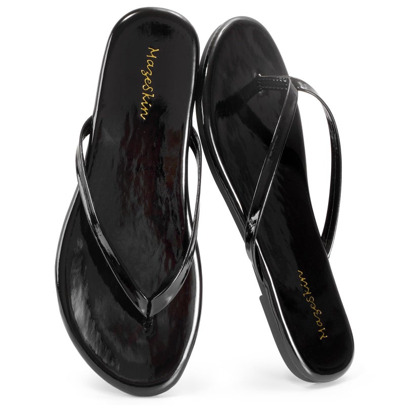 mazeskin Women's Memory Foam Comfortable Flat Thong Sandals Dressy Summer Beach Leather Slide Flip Flops,Black Patent US8 - Image 1