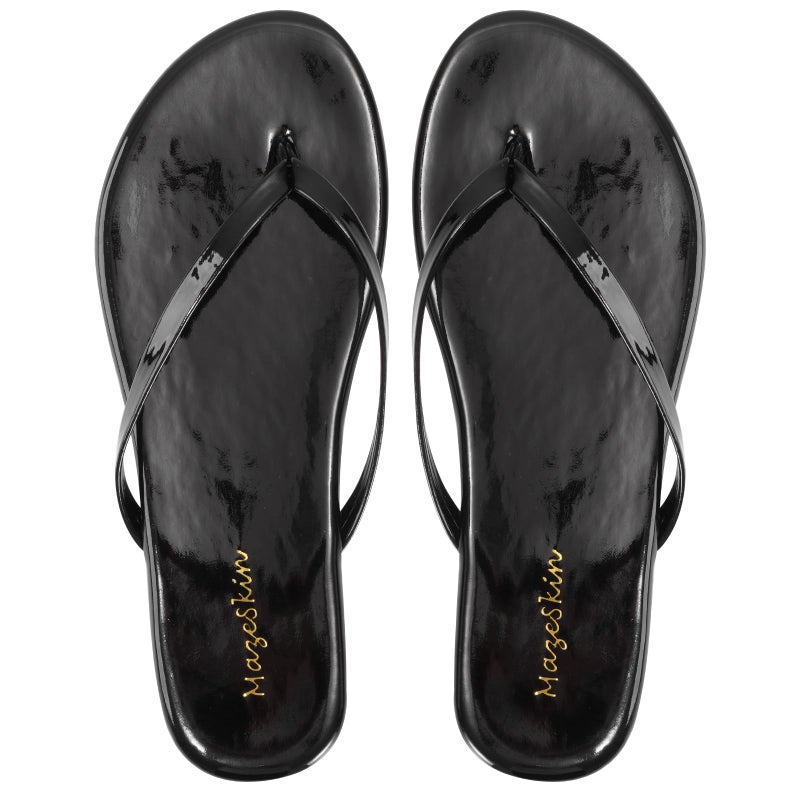 mazeskin Women's Memory Foam Comfortable Flat Thong Sandals Dressy Summer Beach Leather Slide Flip Flops,Black Patent US8 - Image 5