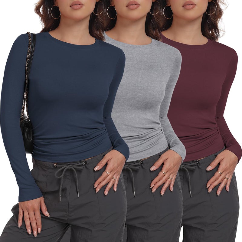 MLYENX 3 Pack Womens Long Sleeve Shirts Crew Neck Basic Stretchy Fitted Y2K Tops Going Out Fashion Clothes - Image 1