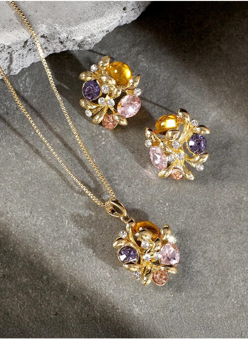 SOHI SOHI Women's The Florescence-Bijou Jewellery Set For Casual Wear | Pink & Purple Colour | Alloy Material | Lobster Clasp Closure | Artificial Stone Jewellery Set | Jewellery Set For Women & Girls