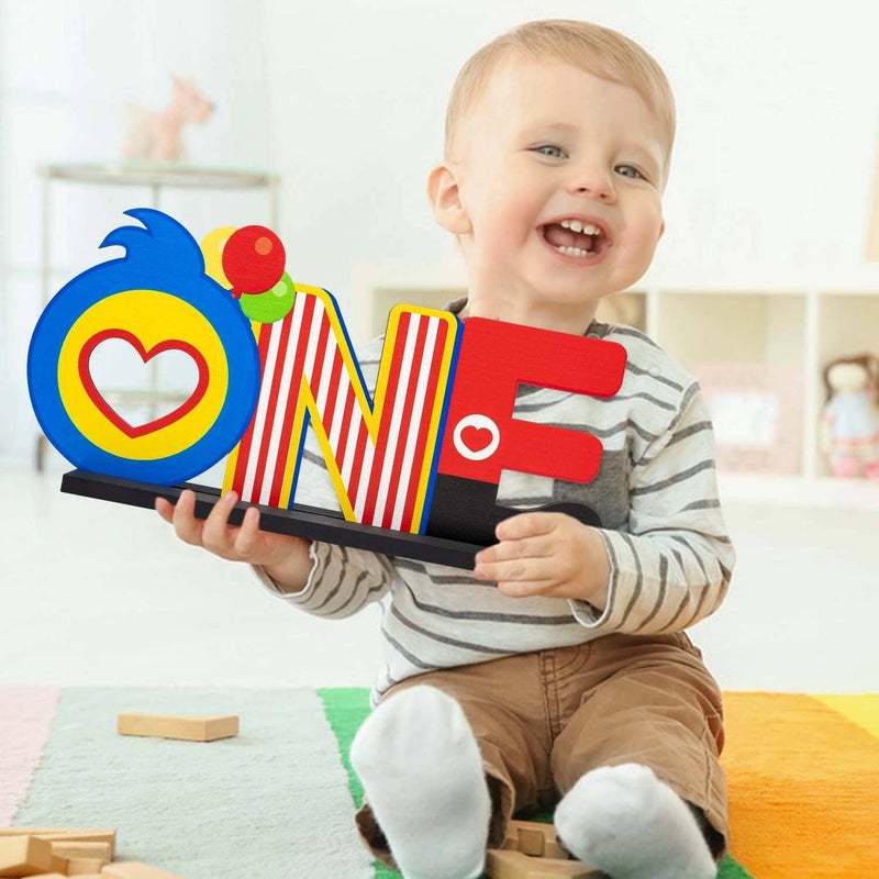 C1krint Plim Plim ONE Letter Sign Wood Table Centerpiece - 1Pcs Circus Clown Plim Plim Theme First Birthday Party Decoration Supply for One Year Old Baby Shower 1st Birthday Table Ornament Photo Props - Image 5