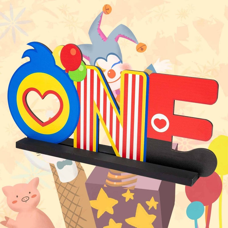 C1krint Plim Plim ONE Letter Sign Wood Table Centerpiece - 1Pcs Circus Clown Plim Plim Theme First Birthday Party Decoration Supply for One Year Old Baby Shower 1st Birthday Table Ornament Photo Props - Image 4
