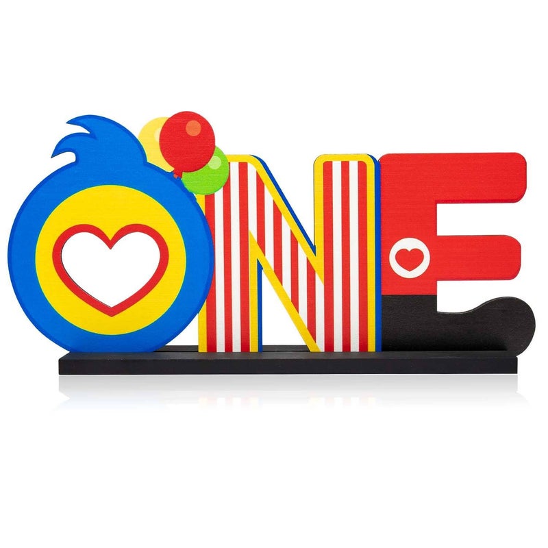 C1krint Plim Plim ONE Letter Sign Wood Table Centerpiece - 1Pcs Circus Clown Plim Plim Theme First Birthday Party Decoration Supply for One Year Old Baby Shower 1st Birthday Table Ornament Photo Props - Image 1