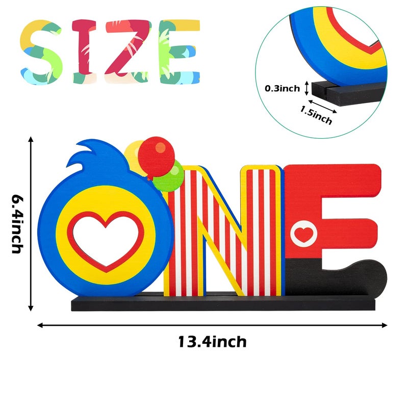 C1krint Plim Plim ONE Letter Sign Wood Table Centerpiece - 1Pcs Circus Clown Plim Plim Theme First Birthday Party Decoration Supply for One Year Old Baby Shower 1st Birthday Table Ornament Photo Props - Image 3