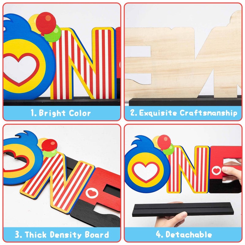 C1krint Plim Plim ONE Letter Sign Wood Table Centerpiece - 1Pcs Circus Clown Plim Plim Theme First Birthday Party Decoration Supply for One Year Old Baby Shower 1st Birthday Table Ornament Photo Props - Image 2