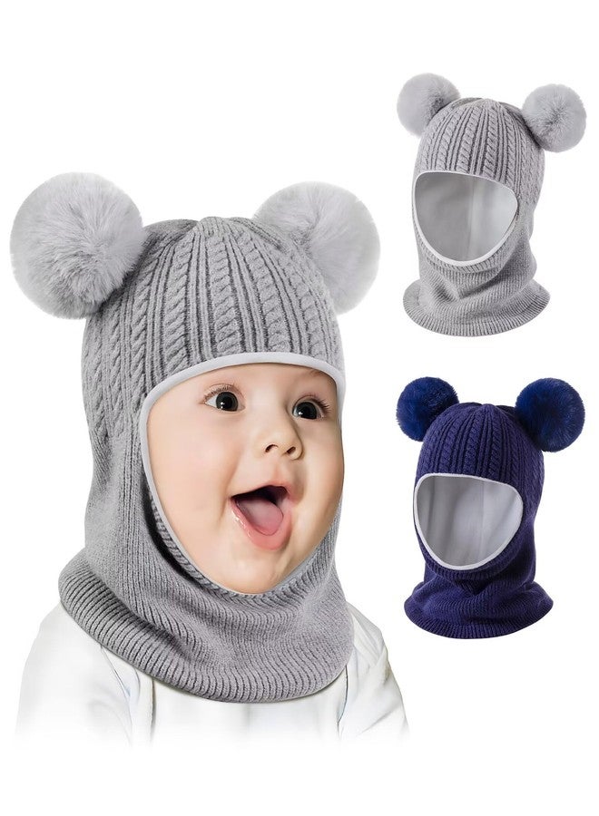 HAITHO Baby Winter Hat Scarf Set 2 Pack, Toddler Beanie Hats Girl Boys with Neck Warmer&Double Pom Pom, Beanie for Kids Knit Warm Thick Fleece Lined for Cold Weather(Gray&Navy) - Image 1