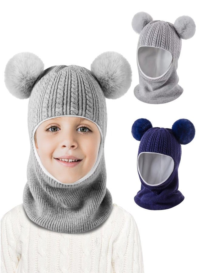 HAITHO Baby Winter Hat Scarf Set 2 Pack, Toddler Beanie Hats Girl Boys with Neck Warmer&Double Pom Pom, Beanie for Kids Knit Warm Thick Fleece Lined for Cold Weather(Gray&Navy) - Image 2
