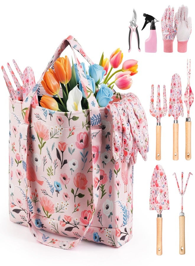 Grenebo Gardening Tools, 10-Piece Gardening Gift Set for Women, Rust-Proof & Heavy-Duty Tools with Floral Organizer Bag, Fashionable & Thoughtful Gift for Garden Women (Pink) - Image 1