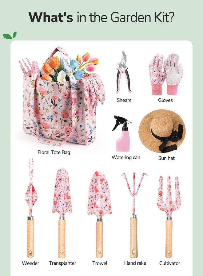Grenebo Gardening Tools, 10-Piece Gardening Gift Set for Women, Rust-Proof & Heavy-Duty Tools with Floral Organizer Bag, Fashionable & Thoughtful Gift for Garden Women (Pink) - Image 3