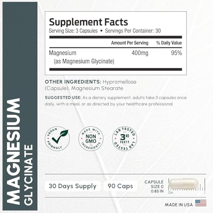 ForestLeaf Magnesium Glycinate 400mg for Sleep & Relaxation – High Absorption Magnesium Supplement for Muscle, Nerve, Heart & Bone Support – Gluten Free, Non-GMO – 90 Caps - Image 3