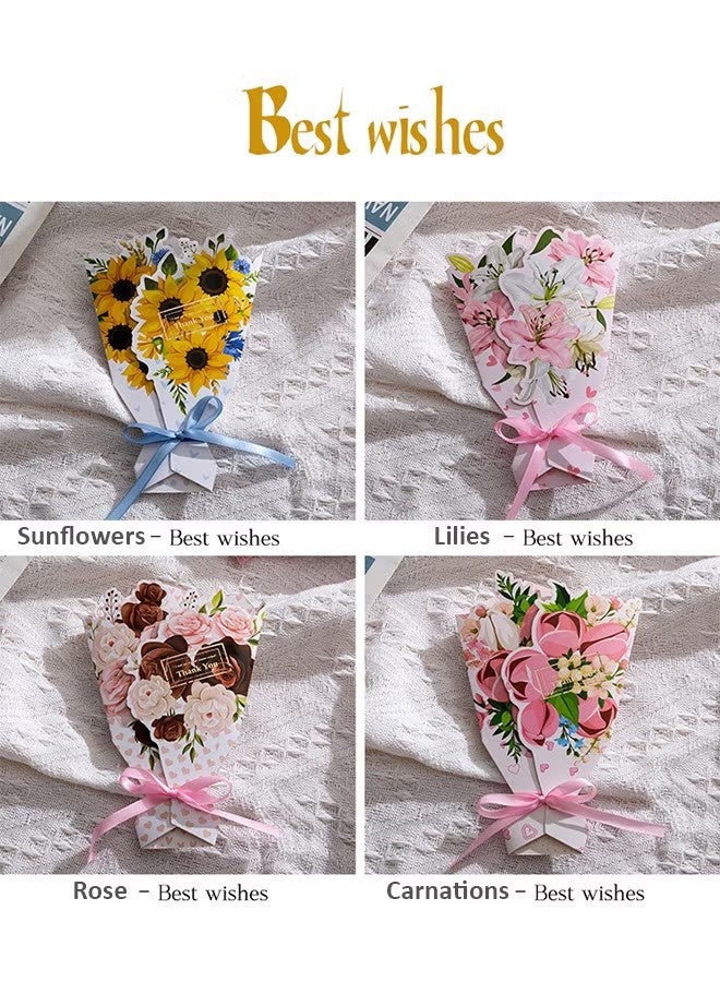 4Pcs Greeting Card 3D Bouquet Bow Greeting Card for Back Gift, Birthday, Wedding, Eid, Sturdy and Solid Cardstock Gift Card - Image 3