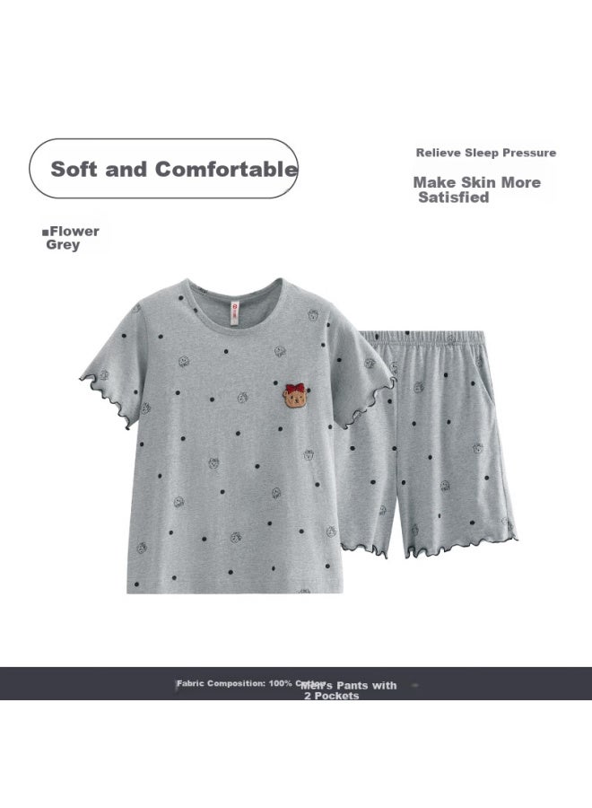 Fenton Fenteng Women's Summer Cotton Short Sleeve Shorts Thin Summer Girls' Home Service Set Floral Gray S - Image 1