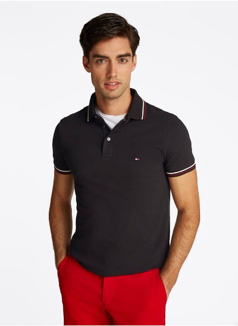 TOMMY HILFIGER Men's Tipped Slim Polo Shirt - Cotton, Black  - Image 1