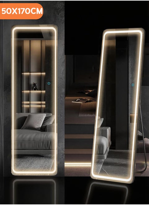 Full Length Mirror with Lights 170x50CM LED Full Body Mirror Free Standing Lighted Floor Mirror Wall Mounted Hanging Mirror with Light for Bedroom Aluminum Frame Dimming 3 Color Lighting