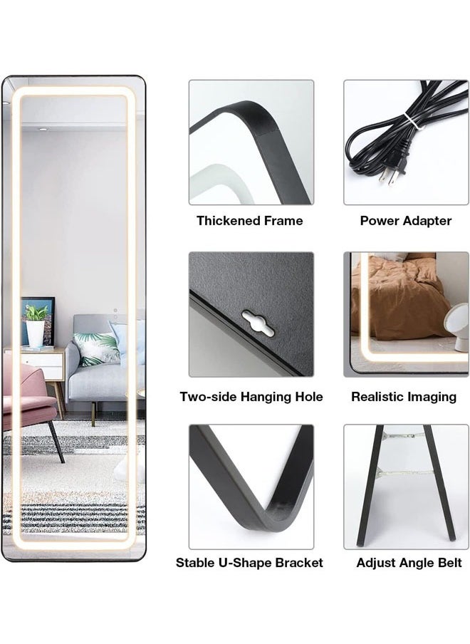 Full Length Mirror with Lights 170x50CM LED Full Body Mirror Free Standing Lighted Floor Mirror Wall Mounted Hanging Mirror with Light for Bedroom Aluminum Frame Dimming 3 Color Lighting