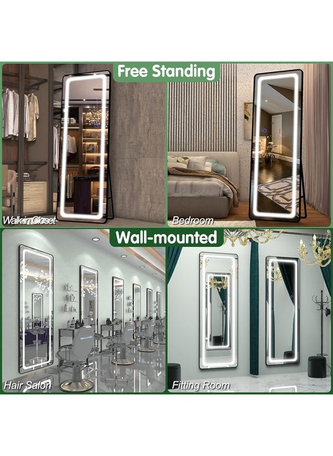Full Length Mirror with Lights 170x50CM LED Full Body Mirror Free Standing Lighted Floor Mirror Wall Mounted Hanging Mirror with Light for Bedroom Aluminum Frame Dimming 3 Color Lighting