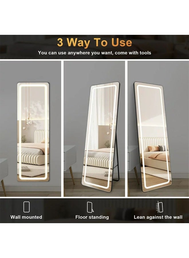 Full Length Mirror with Lights 170x50CM LED Full Body Mirror Free Standing Lighted Floor Mirror Wall Mounted Hanging Mirror with Light for Bedroom Aluminum Frame Dimming 3 Color Lighting