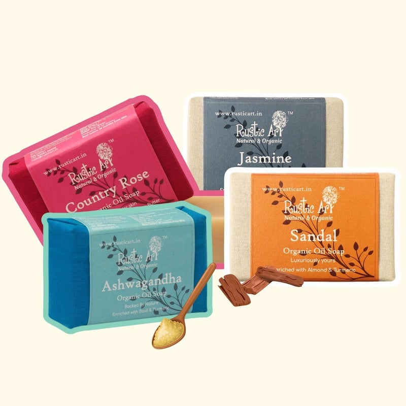 Rustic Art Soap Opera Gift Set Ashwagandha Country Rose Jasmine Sandal Soap Handmade Coldpressed Soaps For All Skin Types Pack of 4 - Image 2