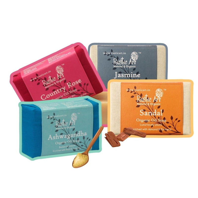 Rustic Art Soap Opera Gift Set Ashwagandha Country Rose Jasmine Sandal Soap Handmade Coldpressed Soaps For All Skin Types Pack of 4 - Image 1