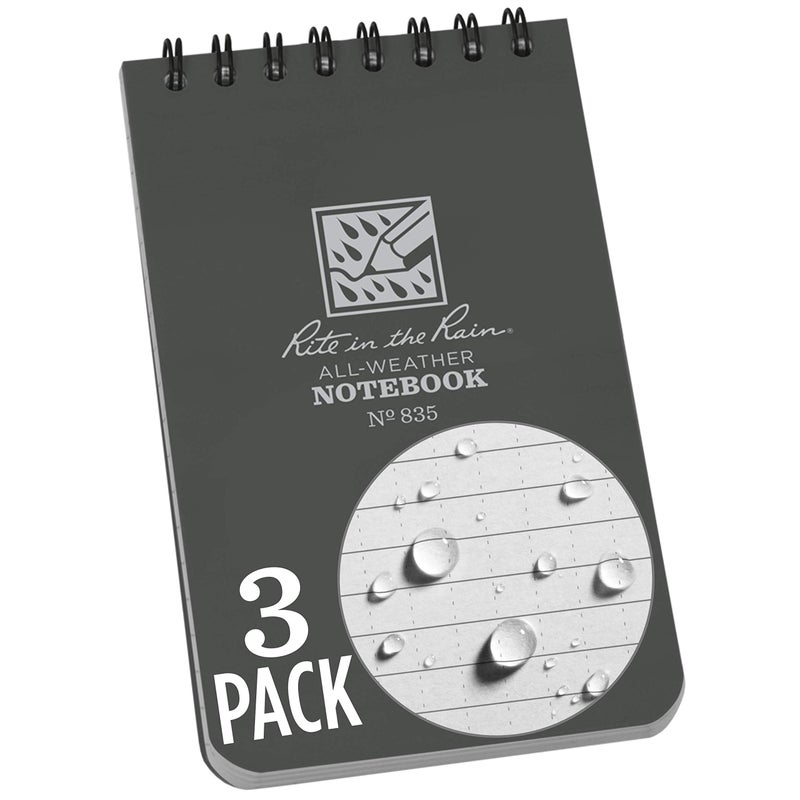 Rite in the Rain All-Weather Top-Spiral Notebook, 3" x 5", Gray Cover, Universal Pattern, 3 Pack (No. 835-3), Grey - Image 1