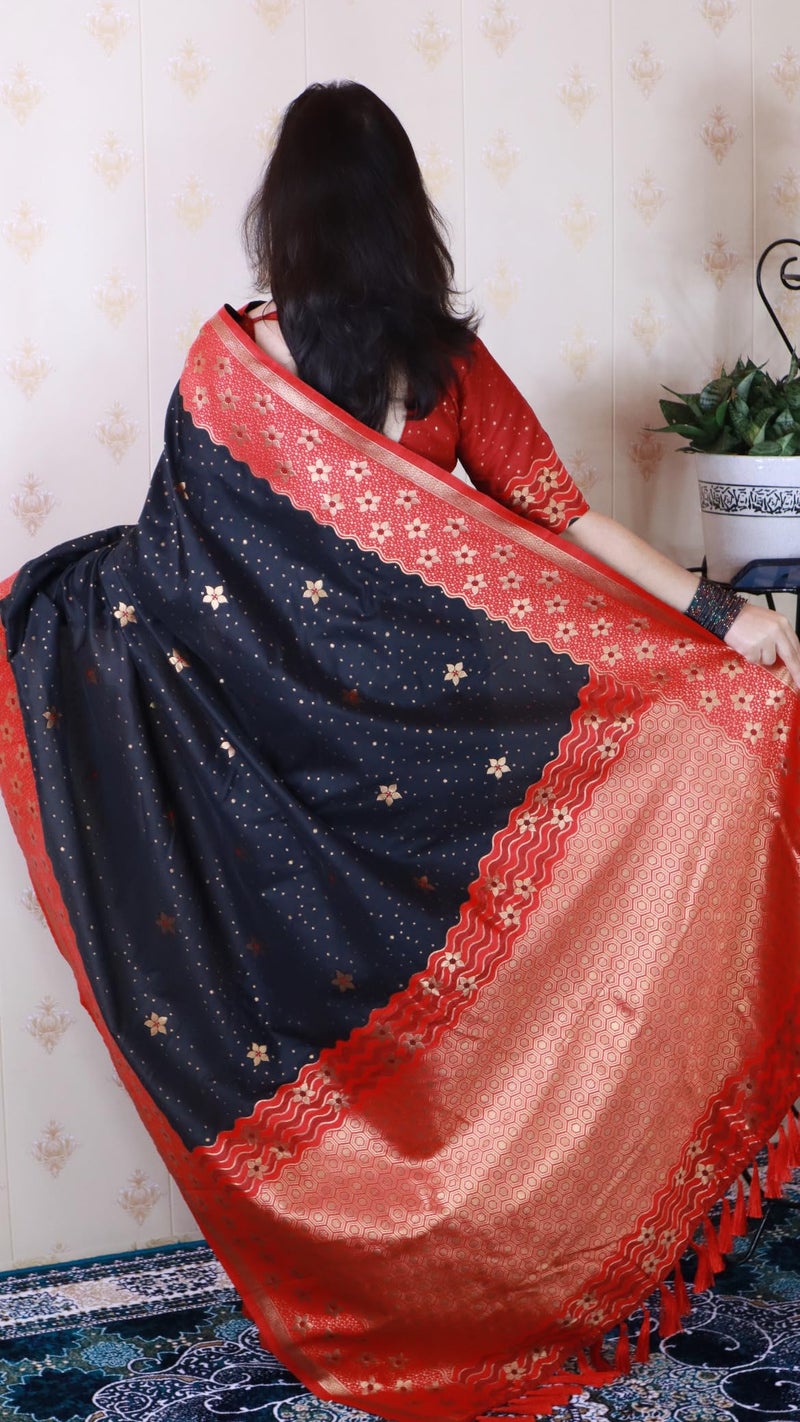 SGF11 Women's Kanjivaram Soft Silk Saree With Unstitched Blouse Piece (Black) - Image 4