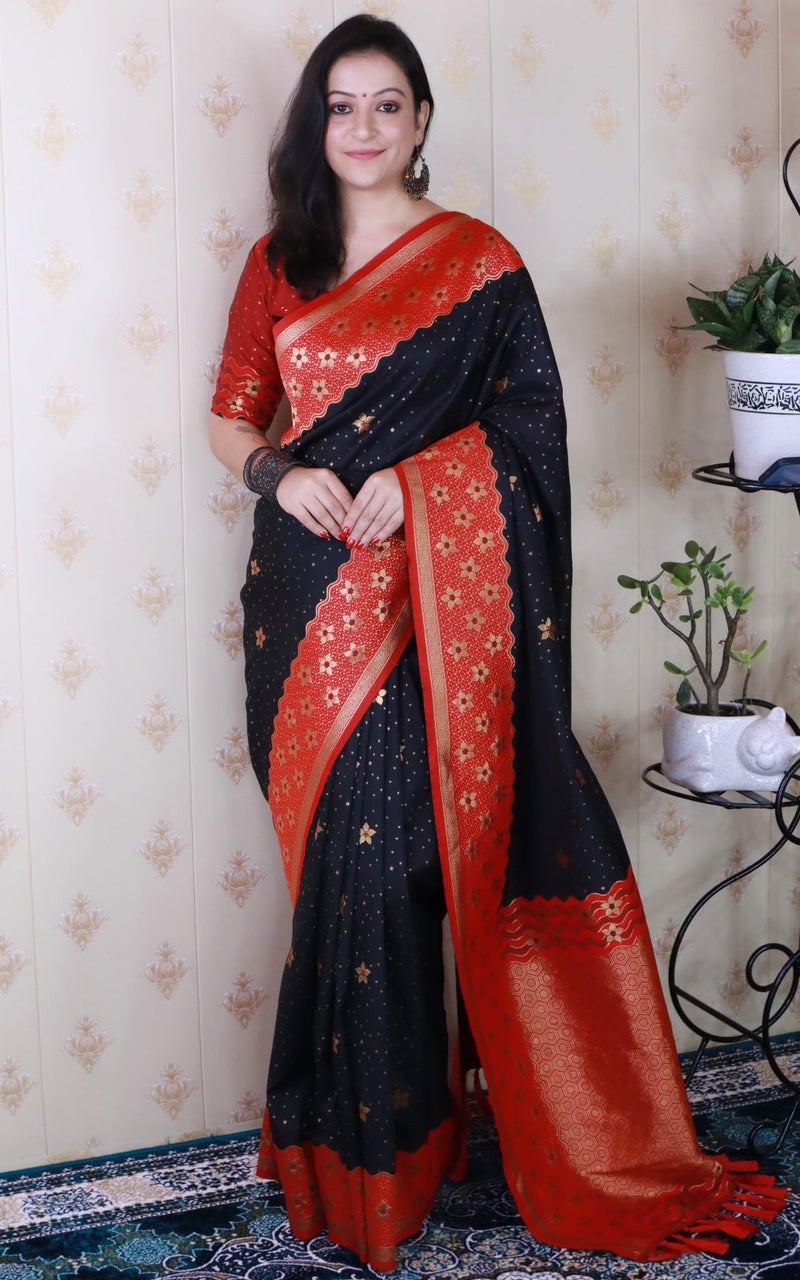 SGF11 Women's Kanjivaram Soft Silk Saree With Unstitched Blouse Piece (Black) - Image 2