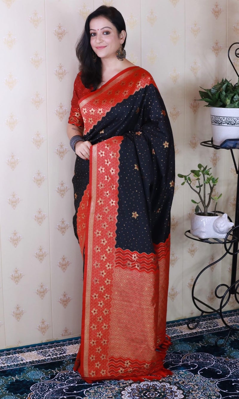 SGF11 Women's Kanjivaram Soft Silk Saree With Unstitched Blouse Piece (Black) - Image 5