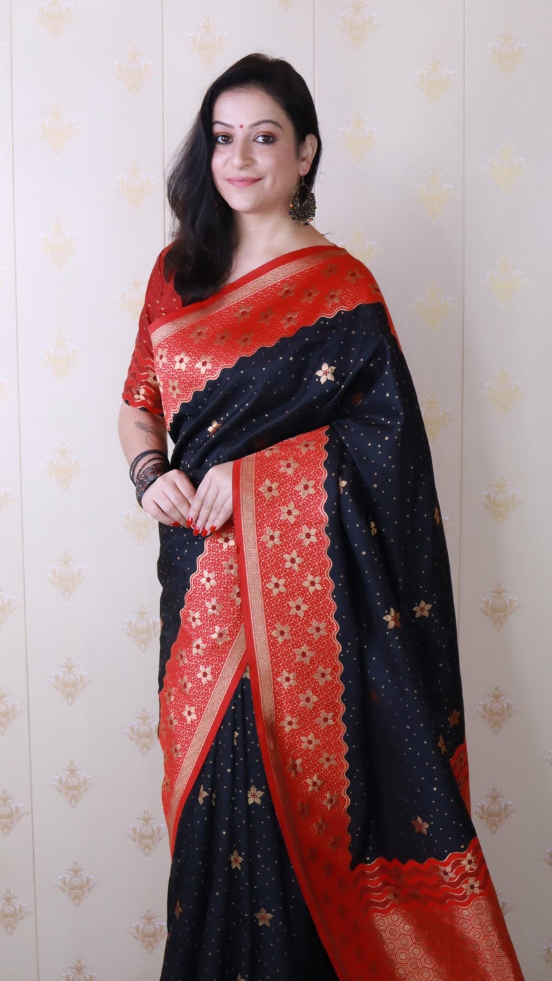 SGF11 Women's Kanjivaram Soft Silk Saree With Unstitched Blouse Piece (Black) - Image 3