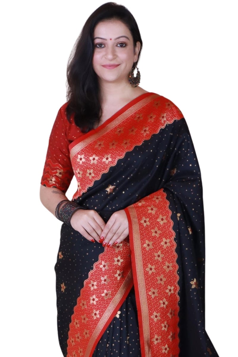 SGF11 Women's Kanjivaram Soft Silk Saree With Unstitched Blouse Piece (Black) - Image 1