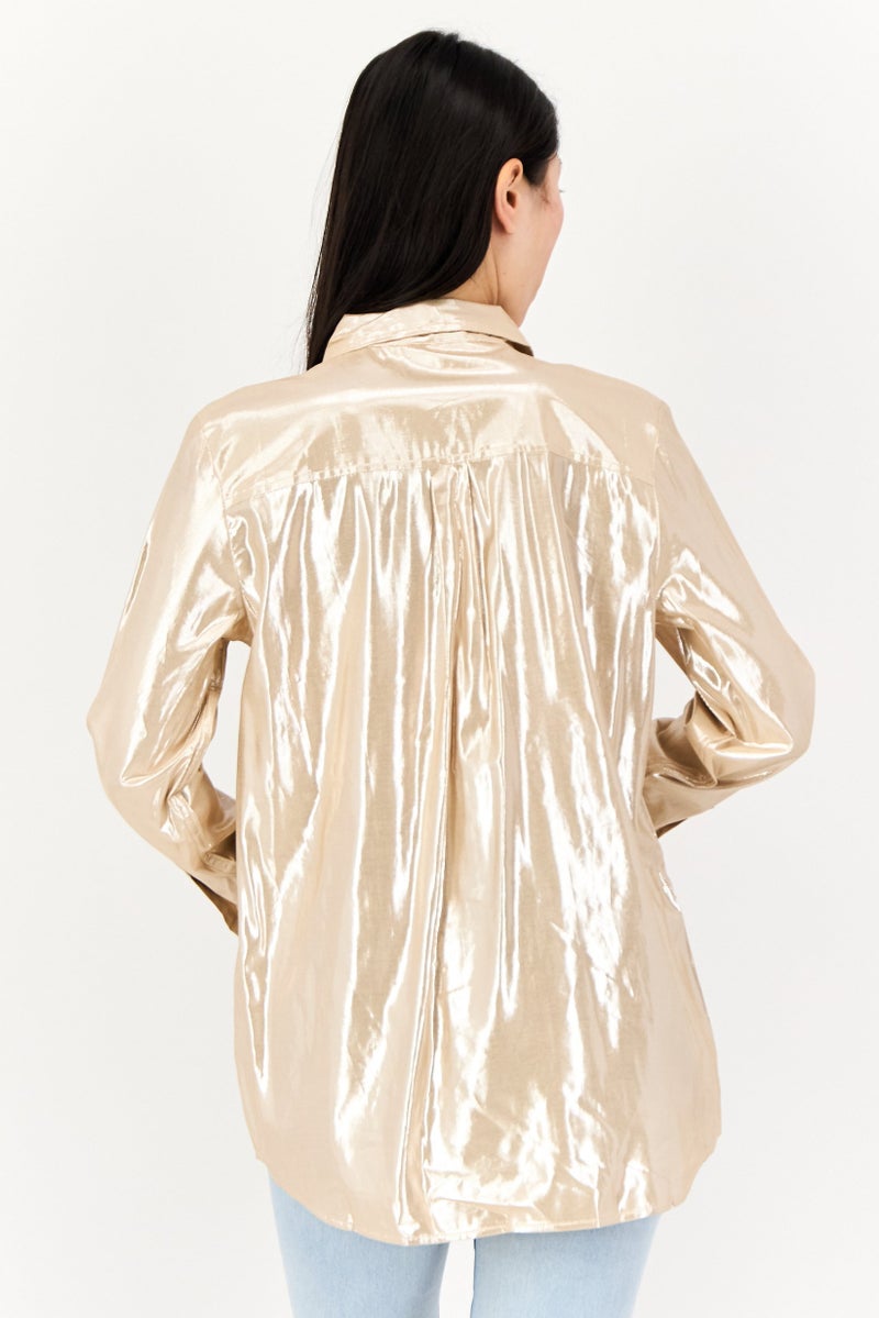 GAP Women Pointed Collar Long Sleeve Metallic Shirt, Gold - Image 3