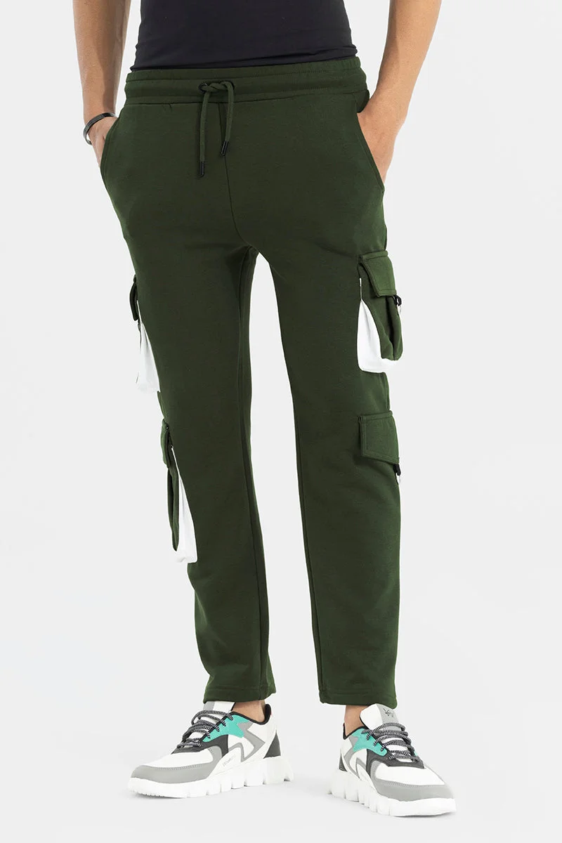 SNITCH Olive Colour Blocked Slim Fit Streetwear Cargo