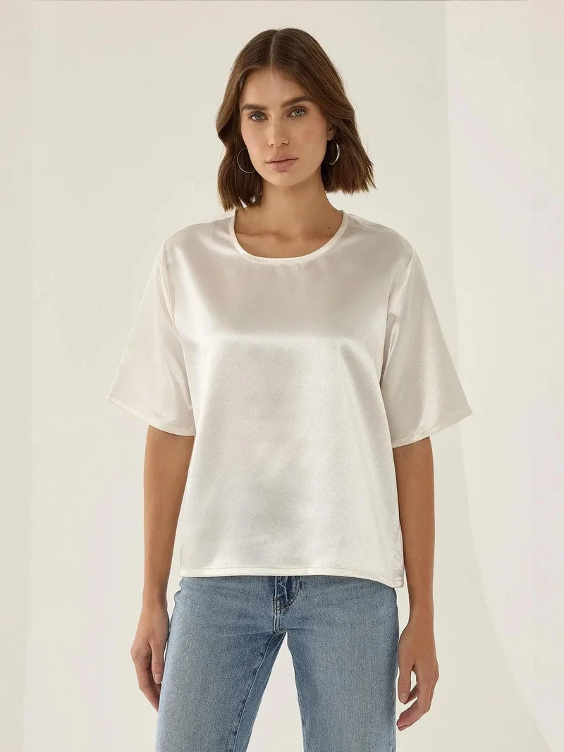 HICCUP Satin Crew Neck Short Sleeve Blouse