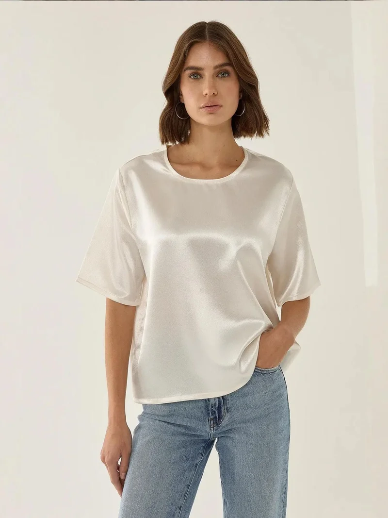 HICCUP Satin Crew Neck Short Sleeve Blouse