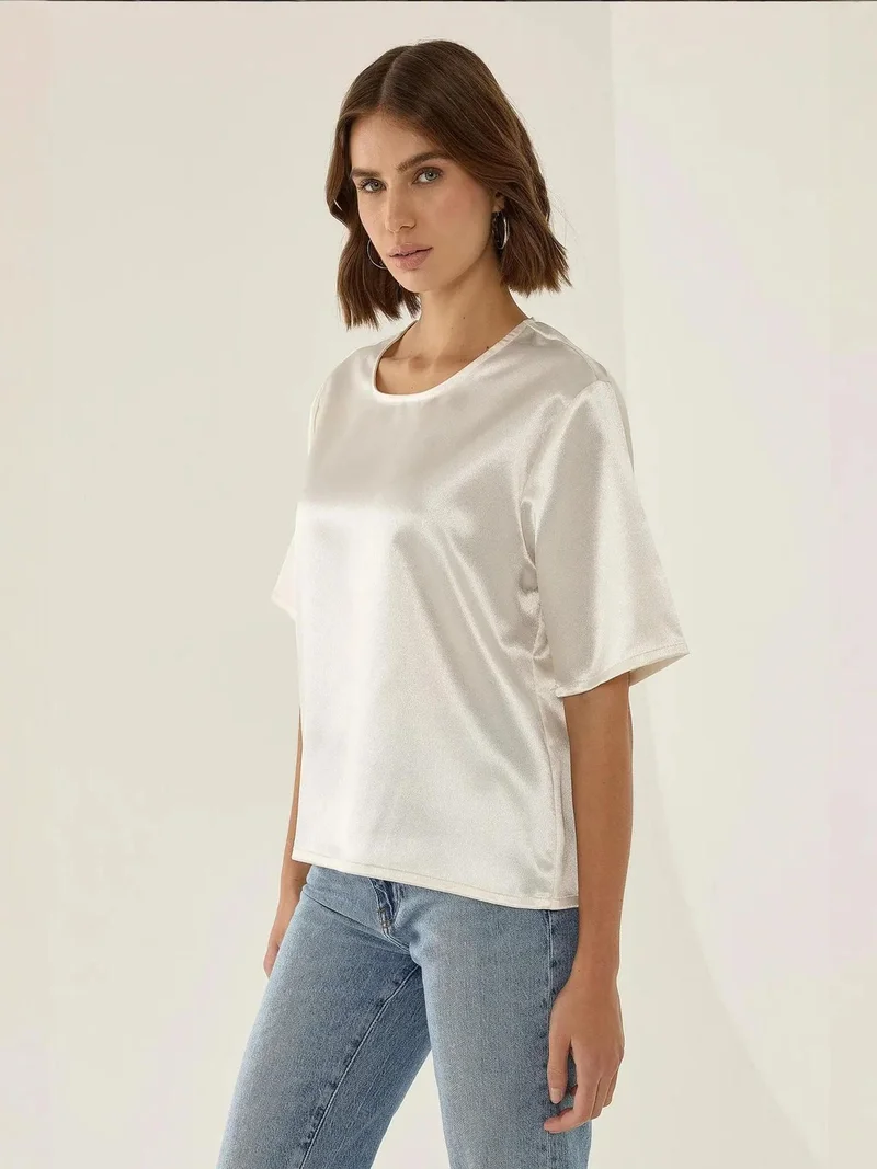 HICCUP Satin Crew Neck Short Sleeve Blouse