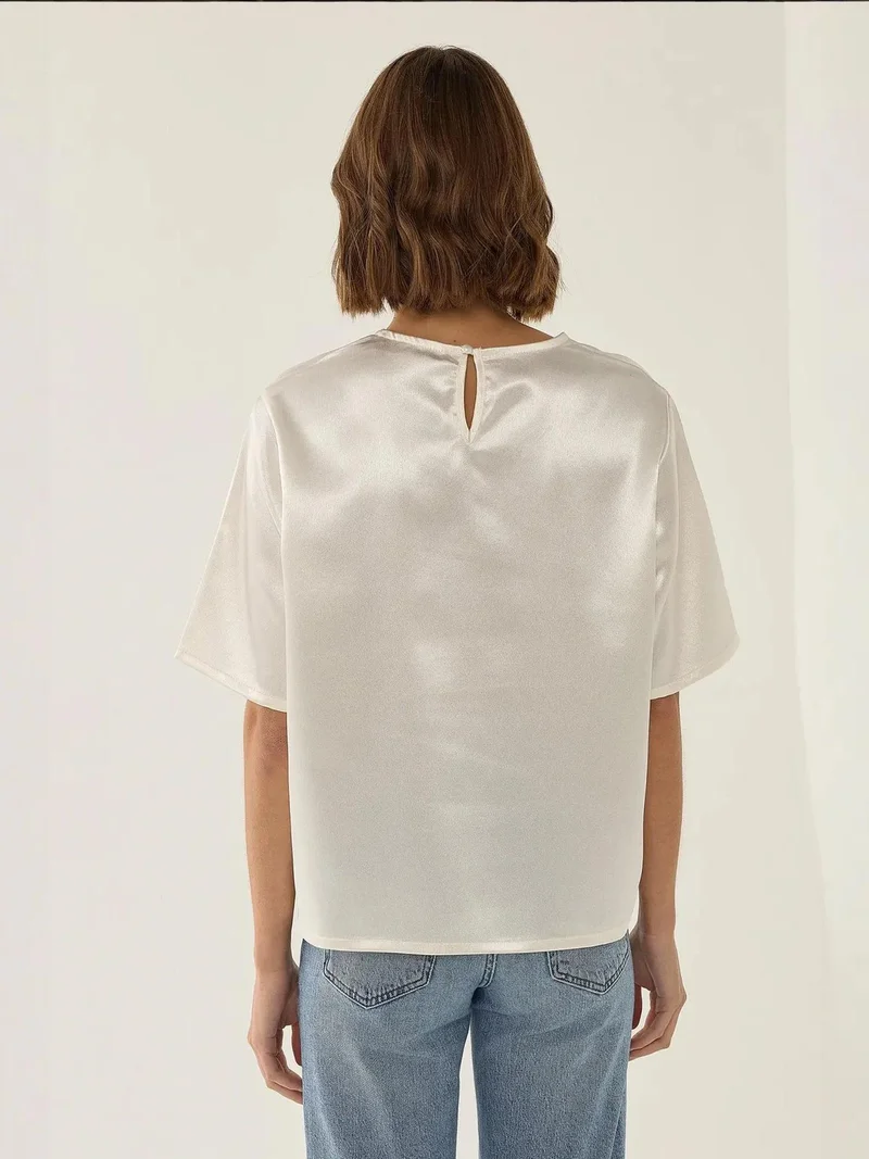 HICCUP Satin Crew Neck Short Sleeve Blouse