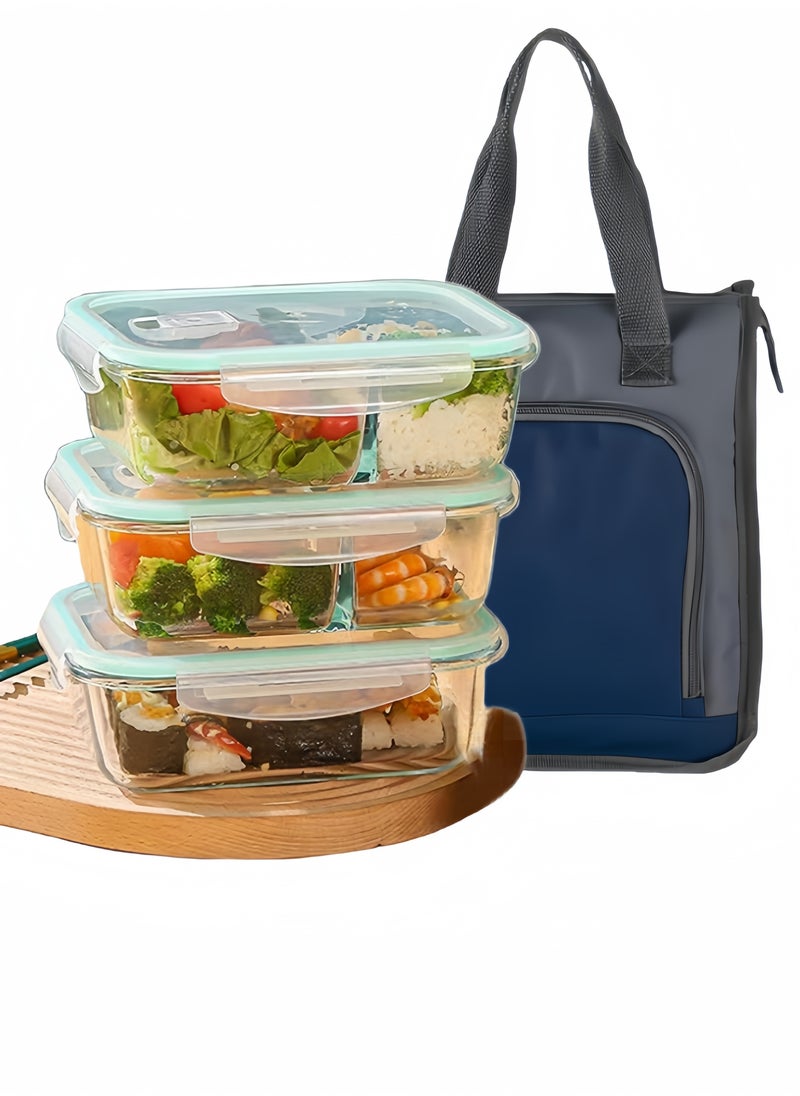 Browning - 3 Piece Large Capacity Microwave Heating High Borosilicate Food Grade Glass Lunch Boxes Glass Bowls Sealed Crisper Box ,Lunch Boxes Office,Lunch Boxes School,1040ml, 1040ml, 640ml with Insulation Bag - Image 1