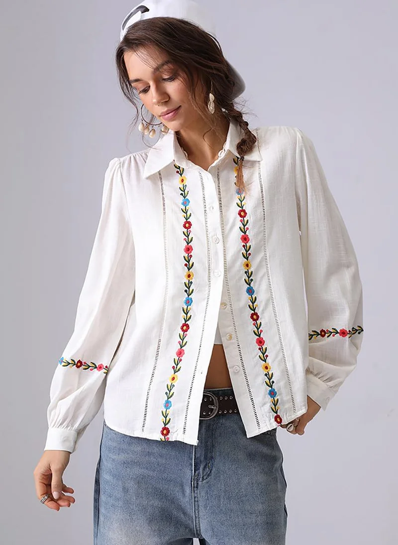 يونيكي Beige Spread Collar Puff Sleeves Relaxed Fit Shirt